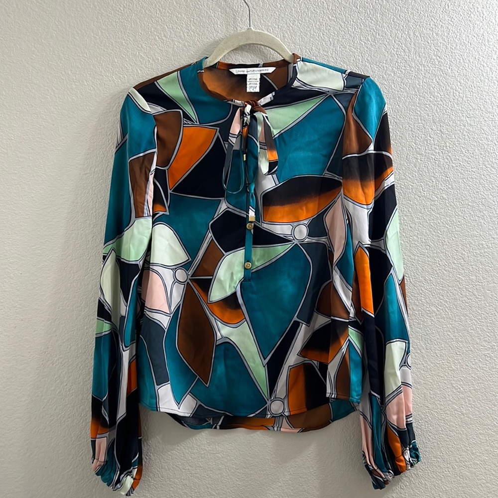 Diane Von Furstenberg Abstract Print Teal Orange Brown Tie Neck Blouse sz 4